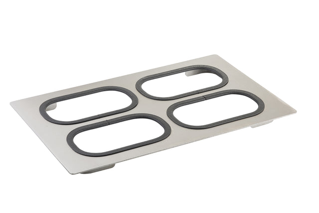 A rectangular Tri-Ply Serveware Template in stainless steel features four large, evenly spaced oval cutouts with black, textured rubber linings. Resting on small feet, it's modern, utilitarian, and dishwasher safe for easy cleaning.