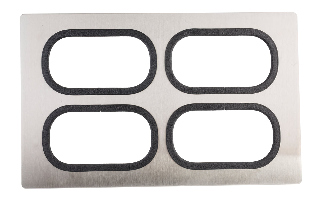 A rectangular stainless steel plate with a brushed finish contains four evenly spaced, oval-shaped cutouts in two rows. Each cutout is outlined with a black border, creating a symmetrical and modern Tri-Ply Serveware Templates design.