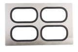 A rectangular stainless steel plate with a brushed finish contains four evenly spaced, oval-shaped cutouts in two rows. Each cutout is outlined with a black border, creating a symmetrical and modern Tri-Ply Serveware Templates design.