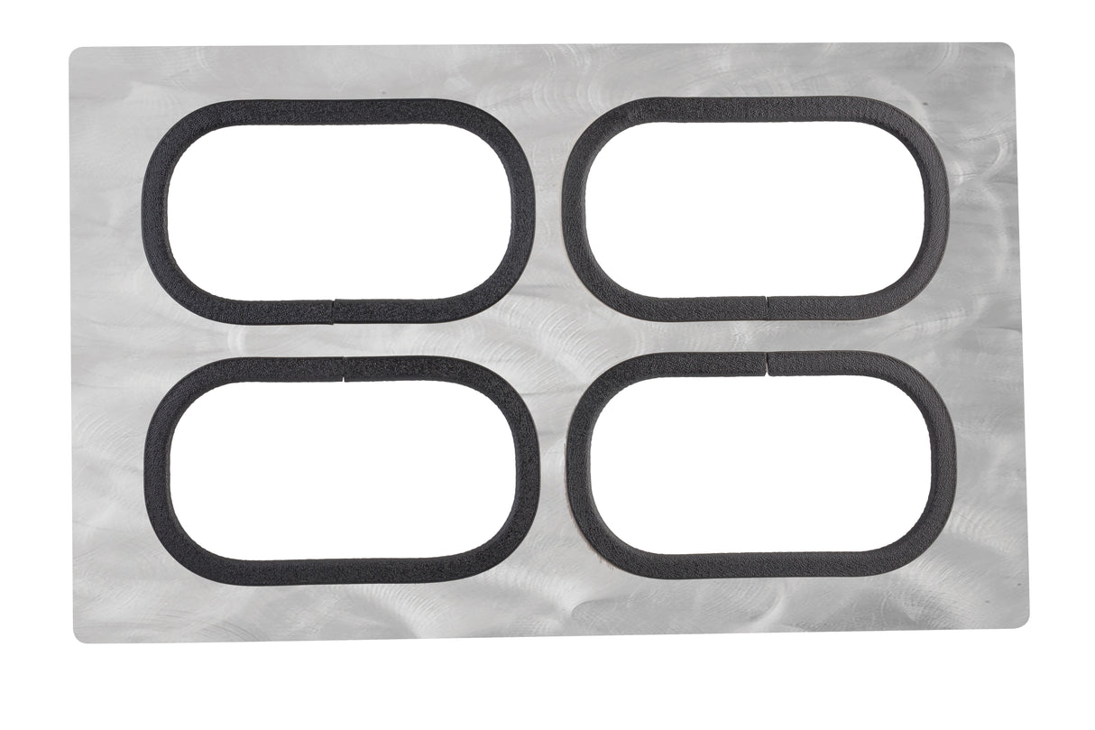 A rectangular Tri-Ply Serveware Template featuring four large, rounded rectangular cutouts outlined by black gaskets. The brushed stainless steel surface displays circular patterns, set against a plain white background.