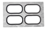 A rectangular Tri-Ply Serveware Template featuring four large, rounded rectangular cutouts outlined by black gaskets. The brushed stainless steel surface displays circular patterns, set against a plain white background.