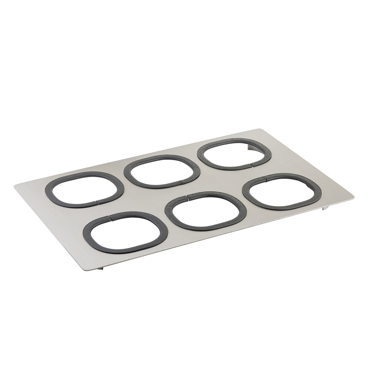 A rectangular stainless steel serveware tray with six evenly spaced, large oval cutouts lined with dark rubber gaskets; the flat, minimalist Tri-Ply Serveware Template is shown on a white background and is dishwasher safe.