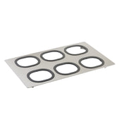 A rectangular stainless steel serveware tray with six evenly spaced, large oval cutouts lined with dark rubber gaskets; the flat, minimalist Tri-Ply Serveware Template is shown on a white background and is dishwasher safe.