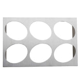 A rectangular sheet of brushed metal, resembling a dressing template from TableCraft Products, features six large, evenly spaced oval cutouts in two rows. The smooth edges and clean industrial look stand out against the plain white background.