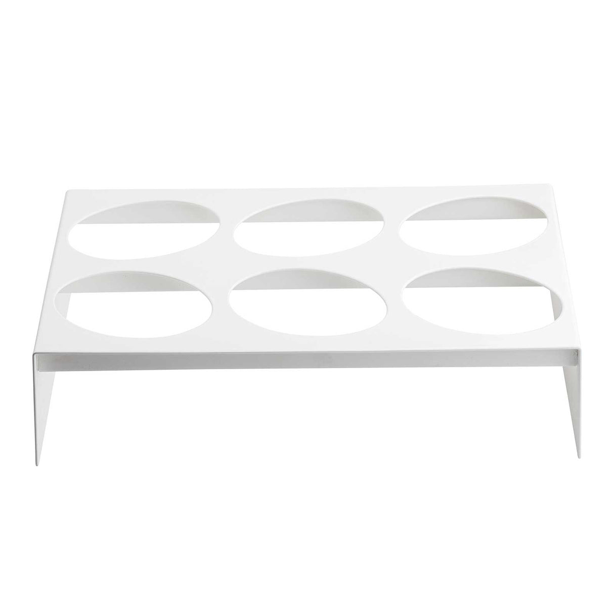 A white metal rack with holes, crafted by TableCraft, features a durable nylon coated cast aluminum design.