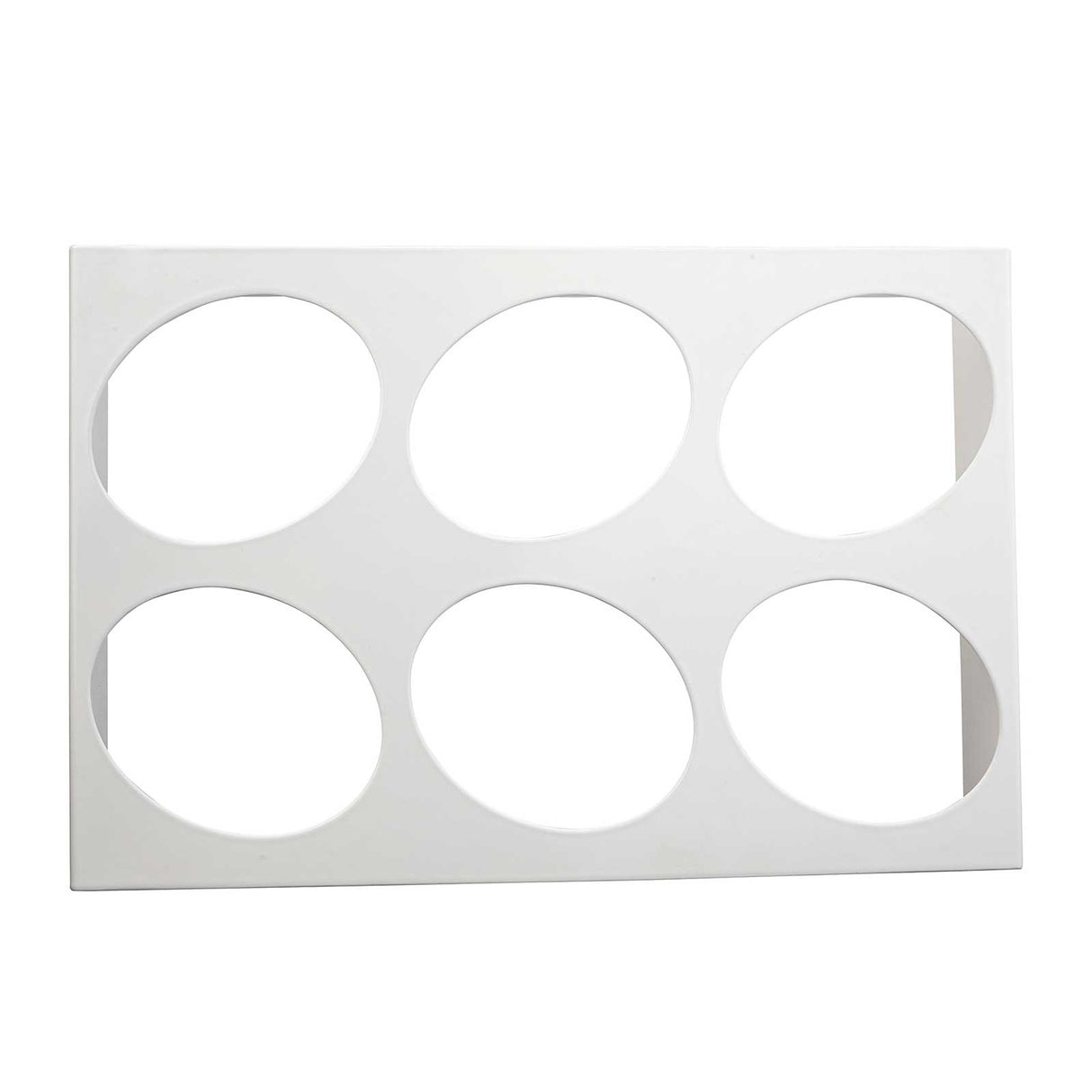 A rectangular white dressing template with six large oval cutouts arranged in two rows of three. Made from nylon coated cast aluminum by TableCraft, the sheet’s evenly spaced cutouts form a precise, grid-like pattern on a plain white background.