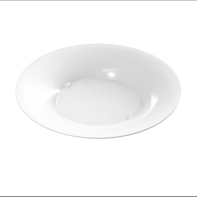 A plain, round, white ceramic bowl is centered on a white background. Its smooth, curved sides and slightly raised rim create soft shadows inside and around it, offering a simple design ideal for cold holding or pairing with a minimalist platter.