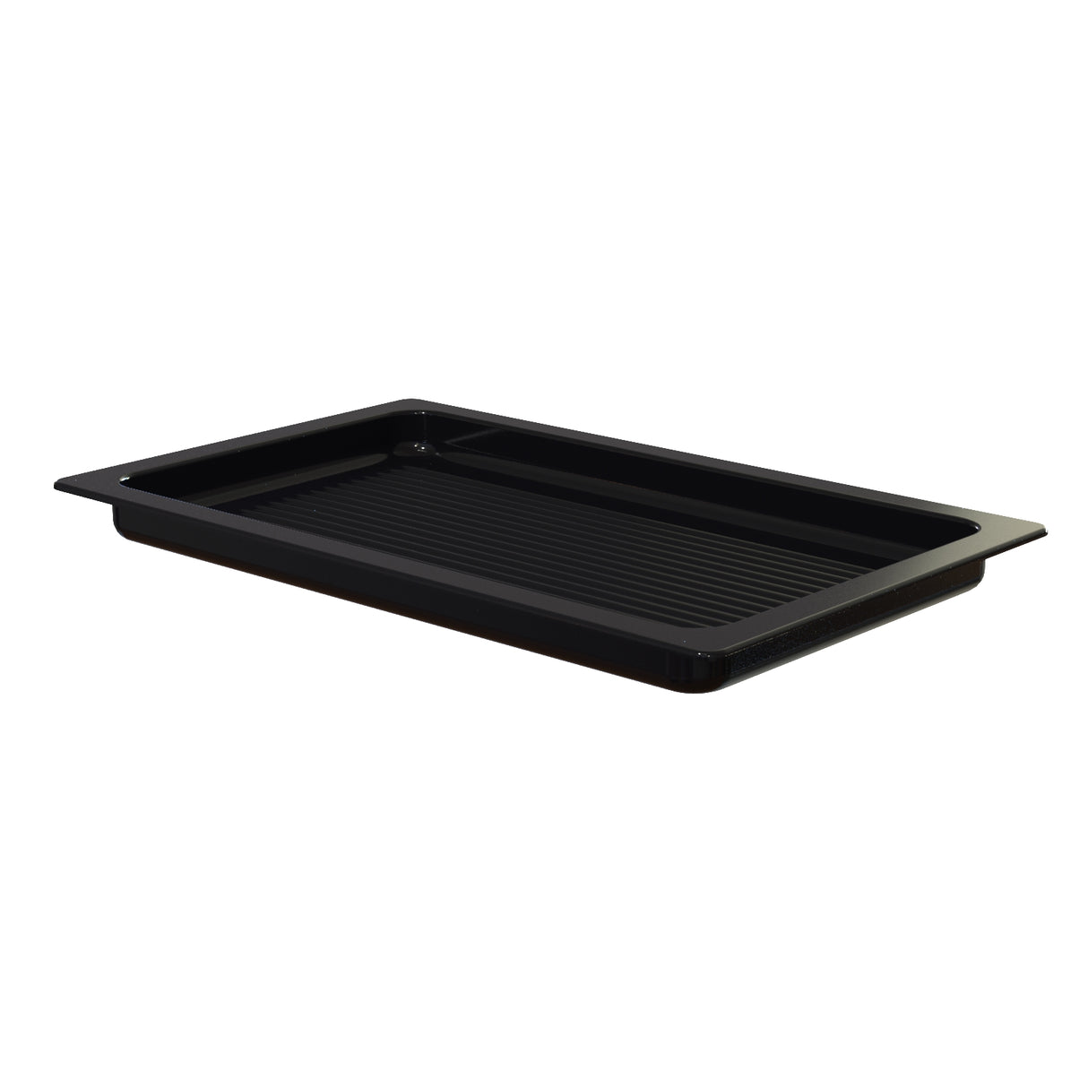 A black rectangular cast aluminum grill pan with slightly raised, ribbed ridges and wide, flat edges. This glossy full size grill pan from the Aurora Collection is shown on a white background.
