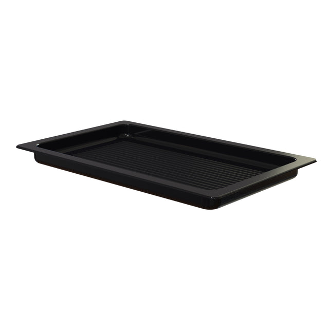 A black rectangular cast aluminum grill pan with slightly raised, ribbed ridges and wide, flat edges. This glossy full size grill pan from the Aurora Collection is shown on a white background.
