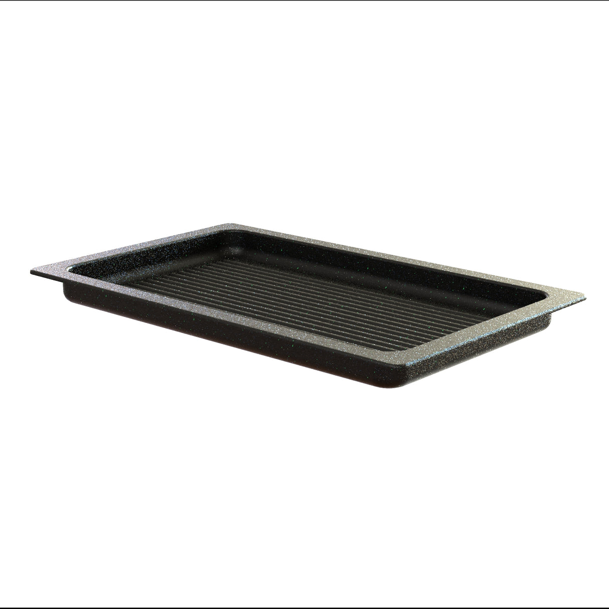 A rectangular, black, speckled cast aluminum grill pan with raised ridges and wide, flat edges. The shallow pan is set against a plain white background and shown at a slight angle. This grill pan is also dishwasher safe for easy cleaning.