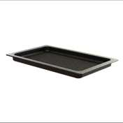 A rectangular, black, speckled cast aluminum grill pan with raised ridges and wide, flat edges. The shallow pan is set against a plain white background and shown at a slight angle. This grill pan is also dishwasher safe for easy cleaning.