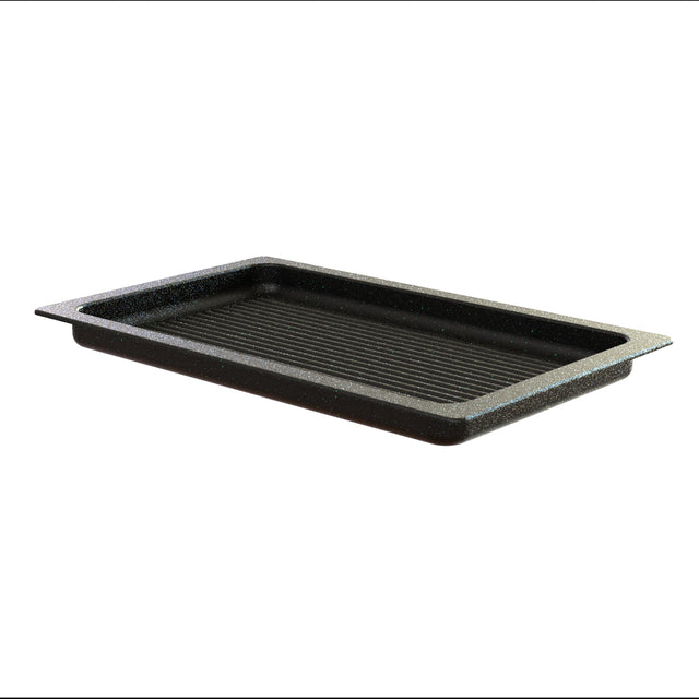 A rectangular, black, speckled cast aluminum grill pan with raised ridges and wide, flat edges. The shallow pan is set against a plain white background and shown at a slight angle. This grill pan is also dishwasher safe for easy cleaning.