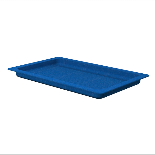 A rectangular, blue plastic tray with raised edges and slightly flared sides, shown on a white background. The lightweight, shallow tray is suitable for serving or organizing items and is dishwasher safe for easy cleaning.