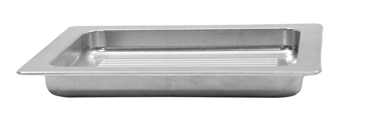 A shallow, rectangular metal tray with a flat rim and ribbed bottom, designed for food service or industrial use. This plain silver tray resembles a dishwasher safe grill pan and is shown on a white background, viewed from the side to show its depth and shape.