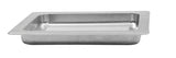 A shallow, rectangular metal tray with a flat rim and ribbed bottom, designed for food service or industrial use. This plain silver tray resembles a dishwasher safe grill pan and is shown on a white background, viewed from the side to show its depth and shape.