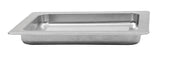 A shallow, rectangular metal tray with a flat rim and ribbed bottom, designed for food service or industrial use. This plain silver tray resembles a dishwasher safe grill pan and is shown on a white background, viewed from the side to show its depth and shape.