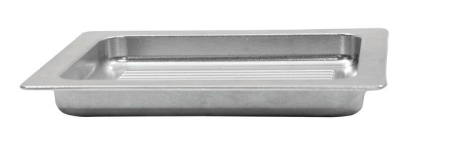 A shallow, rectangular metal tray with a flat rim and ribbed bottom, designed for food service or industrial use. This plain silver tray resembles a dishwasher safe grill pan and is shown on a white background, viewed from the side to show its depth and shape.