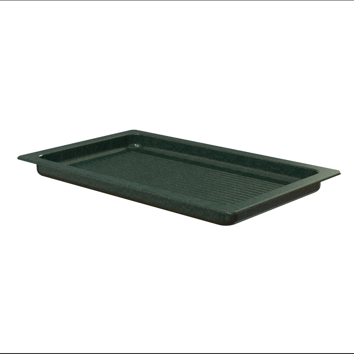A rectangular, dark green plastic cafeteria tray with raised edges and a ribbed base, shown at an angle on a white background. The sturdy tray is dishwasher safe and designed for carrying food or other items.
