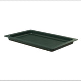 A rectangular, dark green plastic cafeteria tray with raised edges and a ribbed base, shown at an angle on a white background. The sturdy tray is dishwasher safe and designed for carrying food or other items.