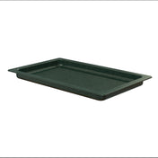A rectangular, dark green plastic cafeteria tray with raised edges and a ribbed base, shown at an angle on a white background. The sturdy tray is dishwasher safe and designed for carrying food or other items.