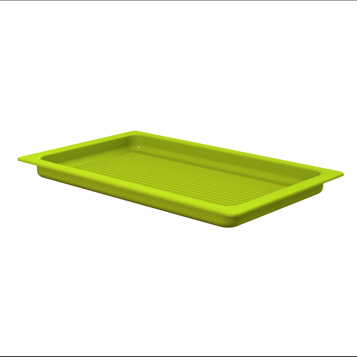 A rectangular, shallow, lime green plastic tray with slightly raised edges and a ridged bottom, this piece from the Aurora Collection Grill Pan series is dishwasher safe. Shown on a plain white background.