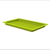 A rectangular, shallow, lime green plastic tray with slightly raised edges and a ridged bottom, this piece from the Aurora Collection Grill Pan series is dishwasher safe. Shown on a plain white background.