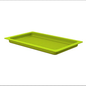 A rectangular, shallow, lime green plastic tray with slightly raised edges and a ridged bottom, this piece from the Aurora Collection Grill Pan series is dishwasher safe. Shown on a plain white background.