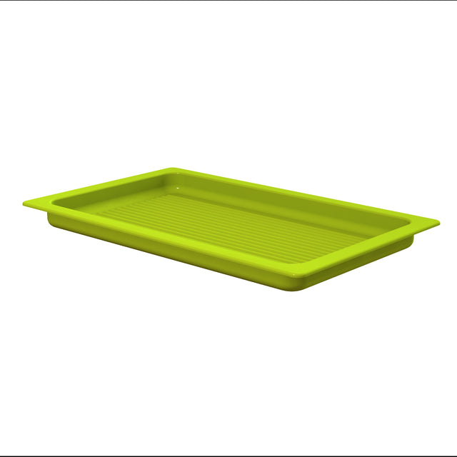 A rectangular, shallow, lime green plastic tray with slightly raised edges and a ridged bottom, this piece from the Aurora Collection Grill Pan series is dishwasher safe. Shown on a plain white background.