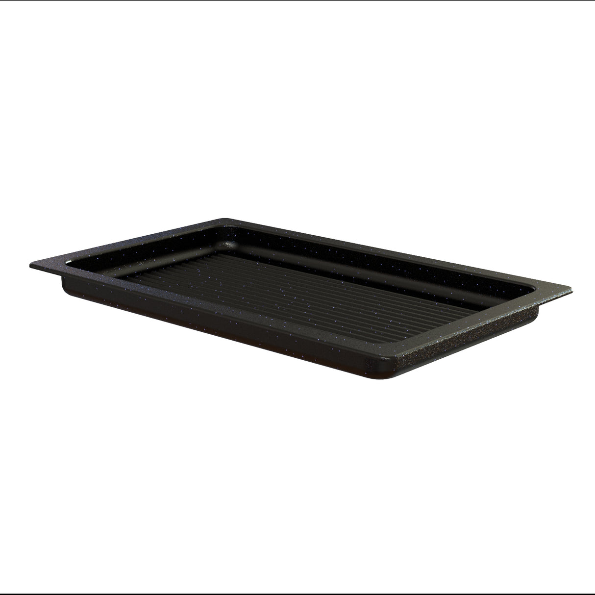 A black rectangular grill pan with slightly raised edges and a speckled finish. The cast aluminum surface inside features ridges running lengthwise, and the pan is shown against a plain white background.