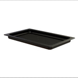 A black rectangular grill pan with slightly raised edges and a speckled finish. The cast aluminum surface inside features ridges running lengthwise, and the pan is shown against a plain white background.