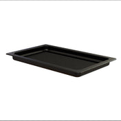 A black rectangular grill pan with slightly raised edges and a speckled finish. The cast aluminum surface inside features ridges running lengthwise, and the pan is shown against a plain white background.