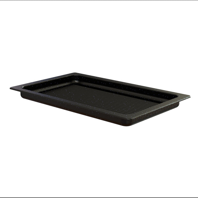 A black rectangular grill pan with slightly raised edges and a speckled finish. The cast aluminum surface inside features ridges running lengthwise, and the pan is shown against a plain white background.