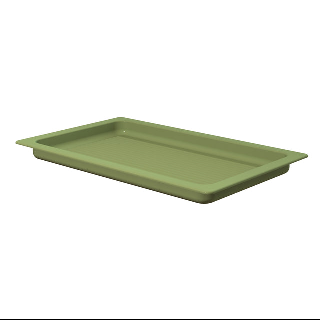 A rectangular, shallow Aurora Collection Grill Pan in sage-green Duracoat coated cast aluminum, with slightly raised edges and a ribbed interior surface. Wide flat rims offer easy handling, and it's dishwasher safe for effortless cleanup.
