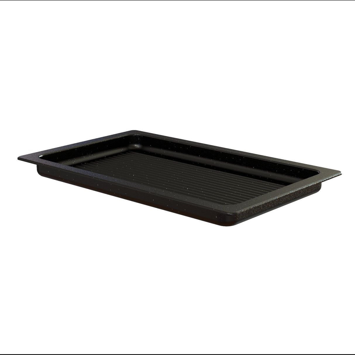 A black rectangular grill pan with a subtle speckled pattern and ribbed bottom surface, crafted from cast aluminum. Shown on a white background, the tray features flat handles and raised edges, perfect for oven use or grilling and is dishwasher safe.