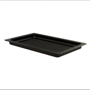 A black rectangular grill pan with a subtle speckled pattern and ribbed bottom surface, crafted from cast aluminum. Shown on a white background, the tray features flat handles and raised edges, perfect for oven use or grilling and is dishwasher safe.