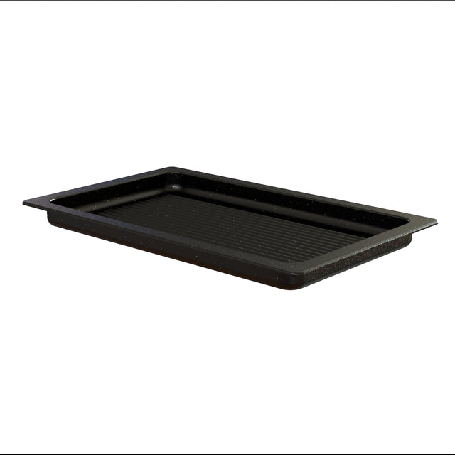 A black rectangular grill pan with a subtle speckled pattern and ribbed bottom surface, crafted from cast aluminum. Shown on a white background, the tray features flat handles and raised edges, perfect for oven use or grilling and is dishwasher safe.