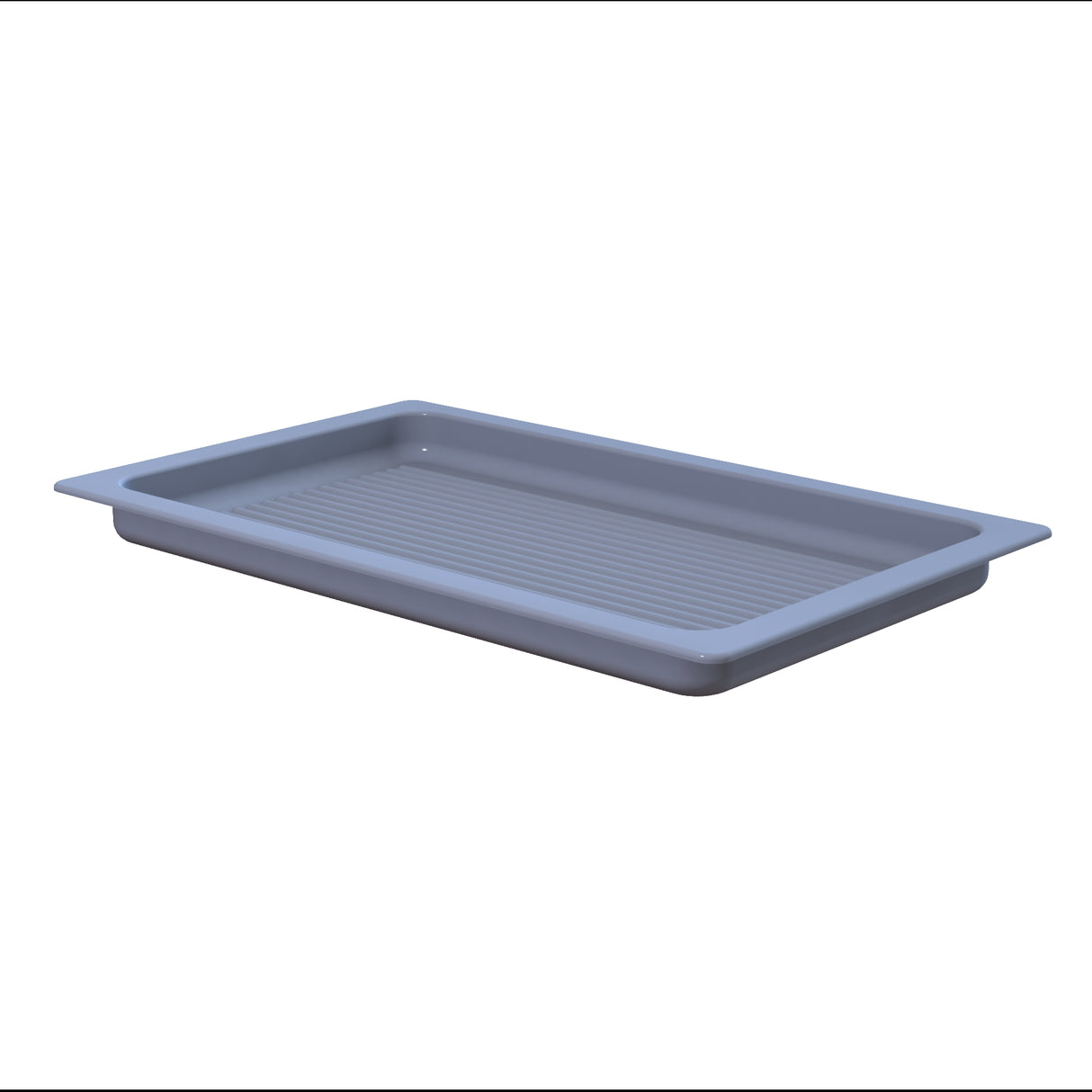 A rectangular, light gray plastic tray with slightly raised edges and a shallow, ribbed bottom is shown on a white background. The tray is simple, unadorned, dishwasher safe, and appears suitable for serving or organizing small items.