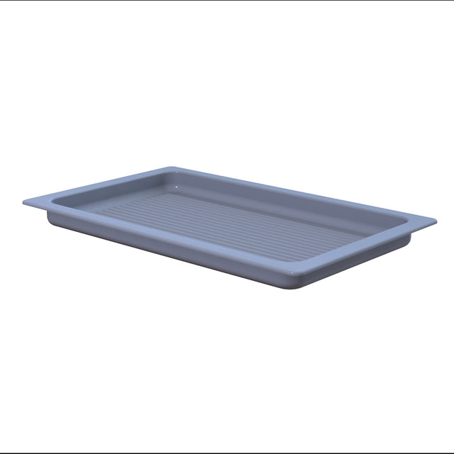 A rectangular, light gray plastic tray with slightly raised edges and a shallow, ribbed bottom is shown on a white background. The tray is simple, unadorned, dishwasher safe, and appears suitable for serving or organizing small items.