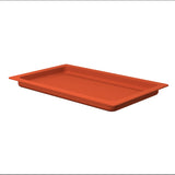 A rectangular, orange silicone baking tray with slightly raised edges and a flat, ribbed bottom, shown on a white background. The flexible, nonstick tray is dishwasher safe, making cleanup after baking or cooking effortless.