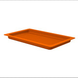 A rectangular orange plastic tray with raised edges and a slightly textured, ridged base, placed on a white background. This dishwasher safe tray is empty and shown at a slight angle, displaying its depth and structure.
