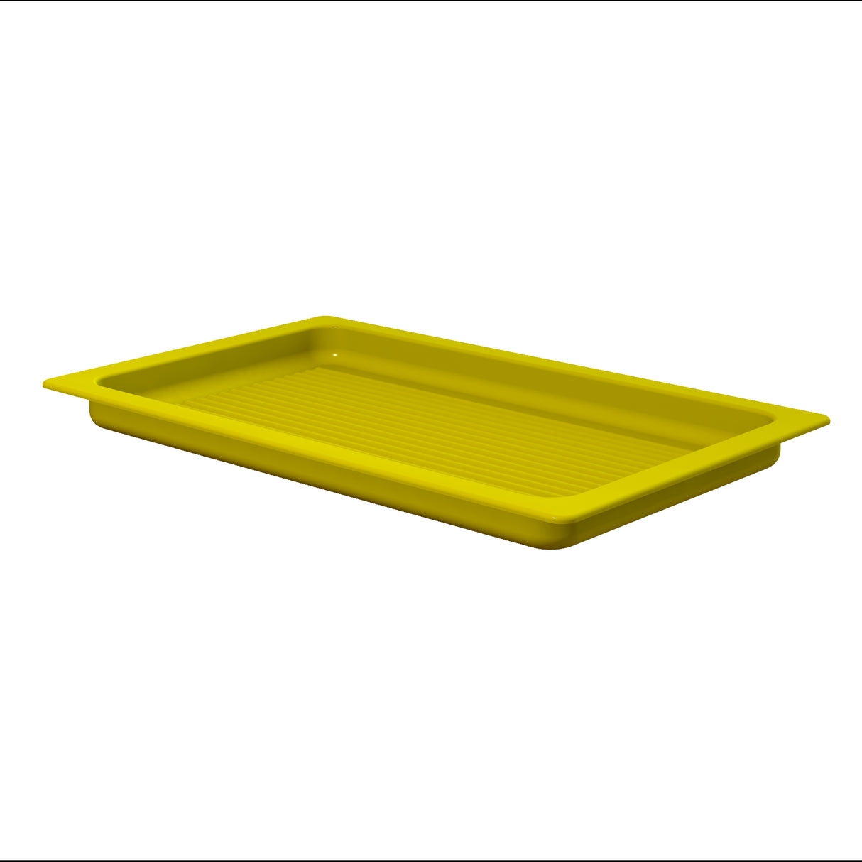 A rectangular, yellow plastic tray with slightly raised edges and a textured bottom, shown on a white background. The tray is dishwasher safe, and its sides extend outward, forming flat handles for easy carrying.