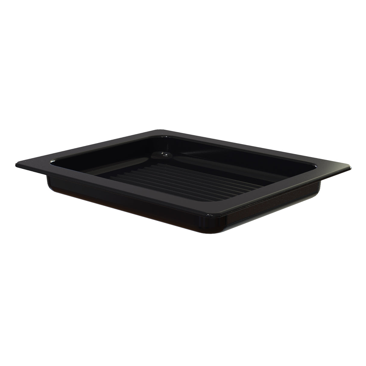 A black rectangular plastic tray with raised edges and interior ridges, photographed on a white background. Inspired by the functional design of an Aurora Collection Grill Pan, it features a wide lip and deep interior, ideal for versatile NSF-approved use.