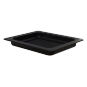 A black rectangular plastic tray with raised edges and interior ridges, photographed on a white background. Inspired by the functional design of an Aurora Collection Grill Pan, it features a wide lip and deep interior, ideal for versatile NSF-approved use.