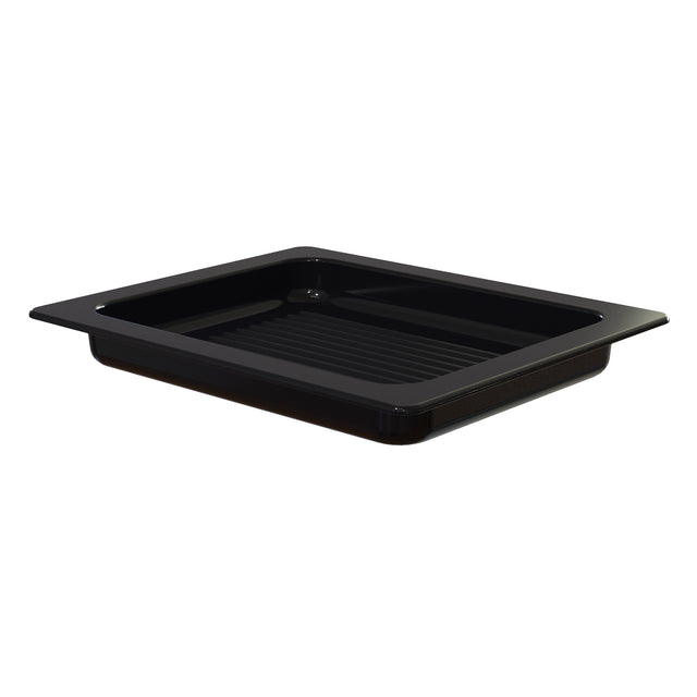 A black rectangular plastic tray with raised edges and interior ridges, photographed on a white background. Inspired by the functional design of an Aurora Collection Grill Pan, it features a wide lip and deep interior, ideal for versatile NSF-approved use.