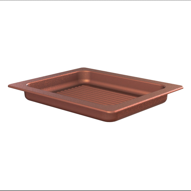 A rectangular Aurora Collection Grill Pan with a copper finish, featuring raised ridges on the bottom, wide flat rims, and slightly angled sides. Made from Duracoat coated cast aluminum, the pan is shown isolated on a white background.