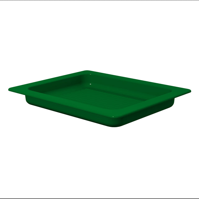 A green, rectangular plastic tray with raised edges sits on a white background. Its sides slightly flare outward, and its smooth, shallow surface is suitable for holding small items or food—perfect alongside your Aurora Collection Grill Pan.