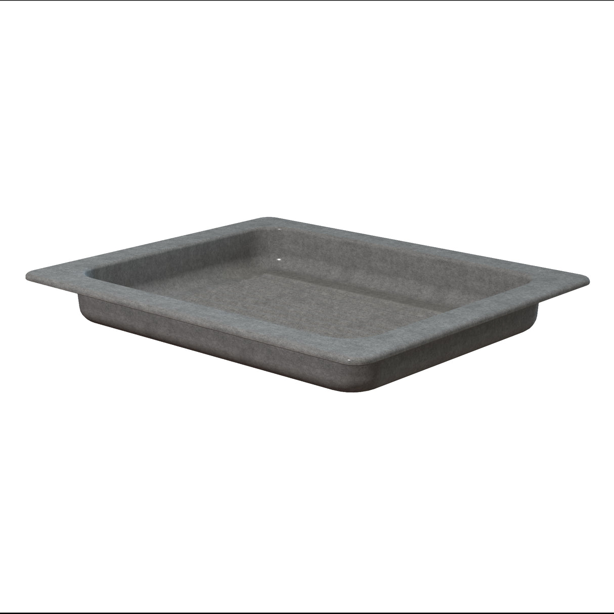 A rectangular, shallow gray baking tray with slightly rounded edges and flared sides, made of cast aluminum. The tray has a simple, smooth texture, appears dishwasher safe, and is shown against a plain white background.