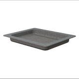 A rectangular, shallow gray baking tray with slightly rounded edges and flared sides, made of cast aluminum. The tray has a simple, smooth texture, appears dishwasher safe, and is shown against a plain white background.