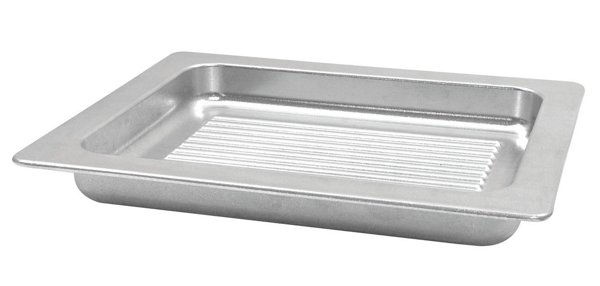 A rectangular, silver-colored Aurora Collection Grill Pan with a flat rim and ridged base, shown at an angle on a white background. This cast aluminum grill pan is dishwasher safe, and the raised ridges help elevate food for even cooking.