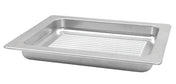 A rectangular, silver-colored Aurora Collection Grill Pan with a flat rim and ridged base, shown at an angle on a white background. This cast aluminum grill pan is dishwasher safe, and the raised ridges help elevate food for even cooking.